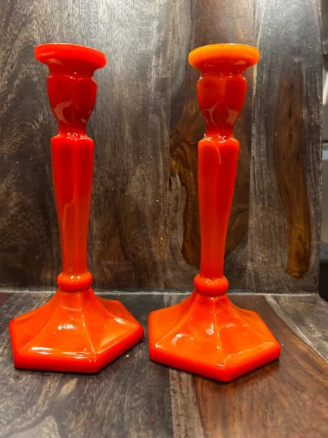 Antique Northwood #695 - Chinese Coral Red Colonial 8-3/4" Candlestick Holders