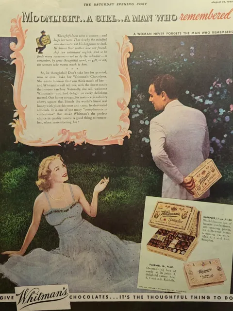 Whitman's Sampler Fairhill Chocolates Man Girl Moonlight Vintage Print Ad 1940