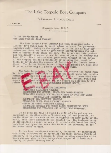 Lake Torpedo Boat Co., Historic Letter, ,Post WWII, Submarine, Bridgeport, CT