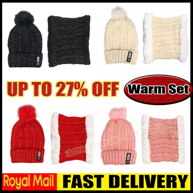 2Pcs/Set Winter Women Ladies Woollen Thick Knit Hat And Scarf Set knitted Cap UK