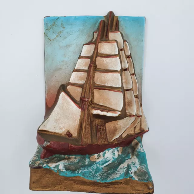 Antique Cast Iron Enamel Galleon Ship Bookend by Hubley Vintage Nautical