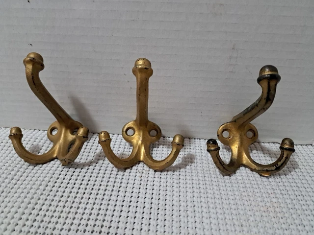 3-Vtg Cast Iron Triple Acorn Coat Hooks Schoolhouse Hat Hooks Black Painted Gold