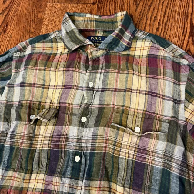 Polo Ralph Lauren 100% Linen Long Sleeve Button Down Men’s Large Plaid