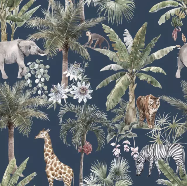 Dollhouse Navy Jungle Animal Tropical Pattern Miniature Print Wallpaper 1:12