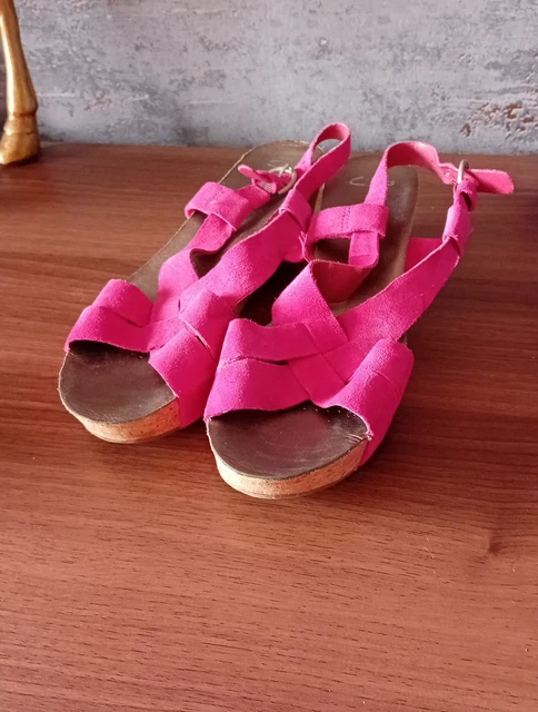 CLARKS SOFTWEAR LADIES Pink Leather Suede Cork Wedge Sandals - Main Image