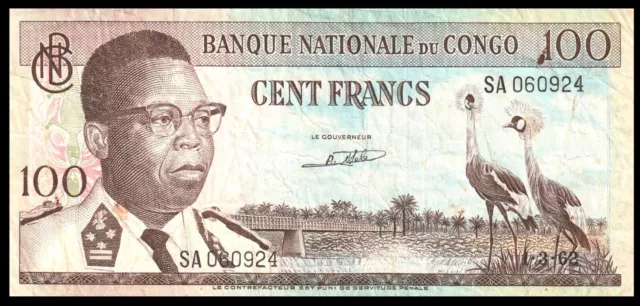 Billete de banco República Democrática del Congo 100 francos 1962 P-6 Zaire