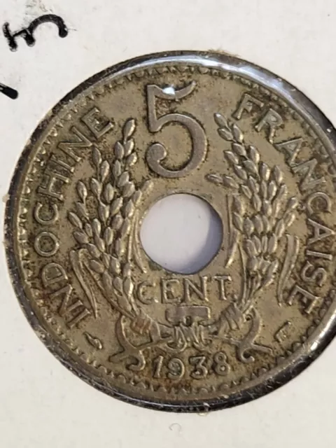 1938 French Indo-China 5 centimes or cents coin