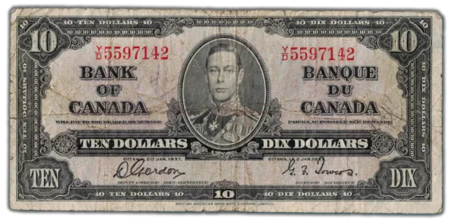 $10 1937 Bank of Canada Note Gordon-Towers Y/D Prefix BC-24b