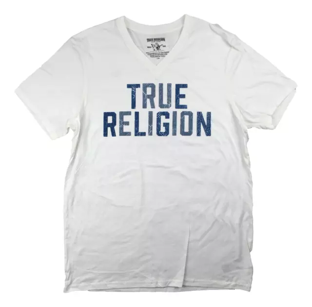 True Religion Jeans T-Shirt Top Graphic Logo Tee Off White V-Neck XL Men's