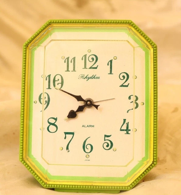 VINTAGE RHYTHM ALARM Clock Made In Japan Mechanical Green Wind Up Alarm