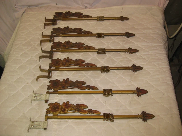 6 Vintage FANCY Victorian Art Deco Swing Arm Curtain Rods-3 PAIRS+BRACKETS LOT 2