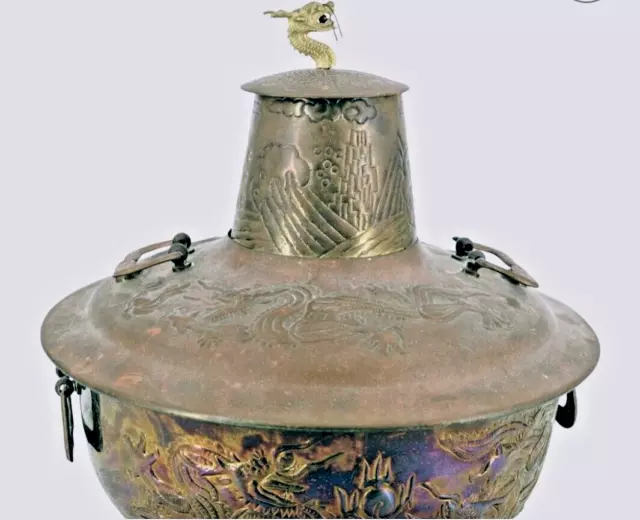 Traditional vintage Chinese brass and copper hot pot brazier with dragon head 2