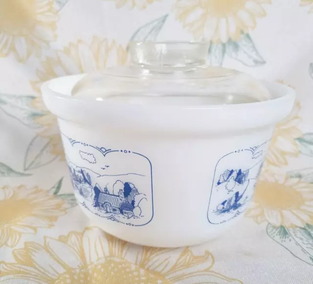 Vintage | Crown Milk Glass Old County Blues Patten Ovenware Bowl with Lid 3