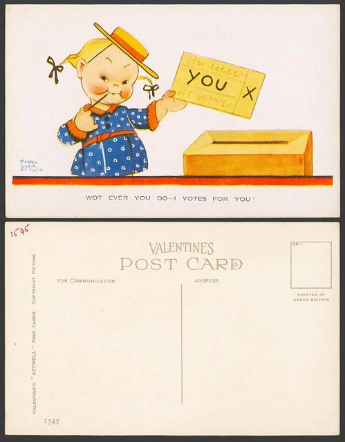 MABEL LUCIE ATTWELL Old Postcard Suffragette Ballot Box Girl I Vote for you 1545