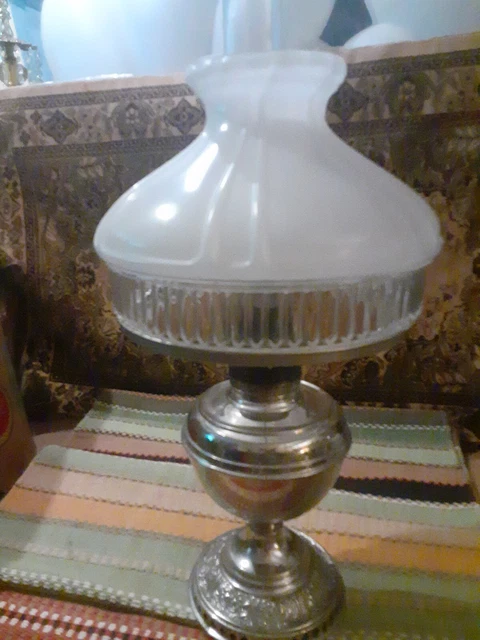 Vintage Bradley & Hubbert Nickel Plate Keroscene Oil Lamp Aladdin Shade Chimney