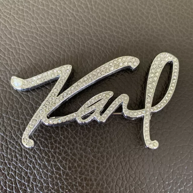 Karl Lagerfeld Pave Rhinestones Faux Pearl Signature Pin Brooch