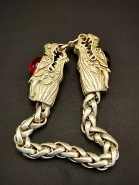 Old Tibetan Silver Handmade Double Dragons Headed Inlaid Jade Chain Bracelet A74