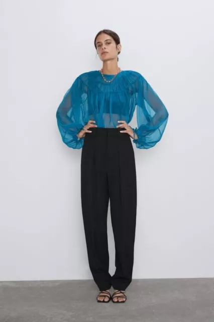 Zara  Turquoise Sheer Organza Long Sleeve Crew Long Balloon Sleeve Blouse Size M