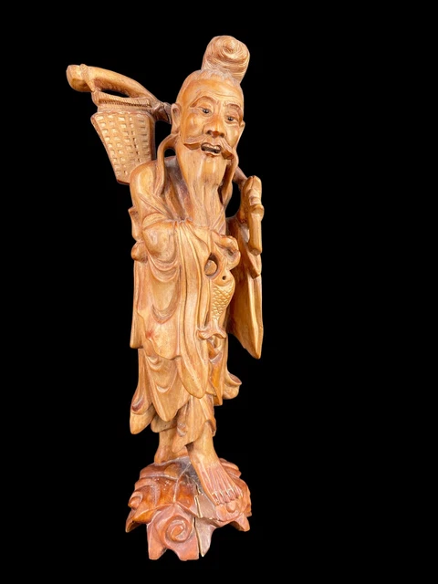Vintage Hand Carved Asian Chinese Sculpture Old Happy Man Fisherman w/ Fish