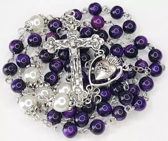 Catholic Rosary Purple Jade Natural Stone Prayer Beads Sacred Heart Crucifix