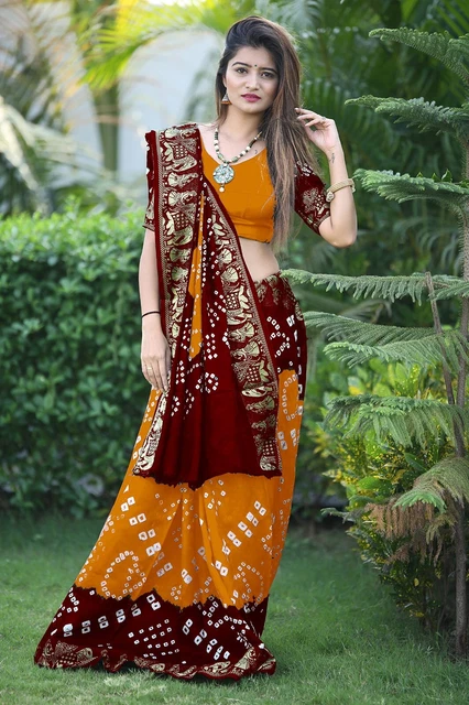 Women's Jacquard Woven Yellow Bandhani Bandhej Art Silk Saree with Blouse MT984