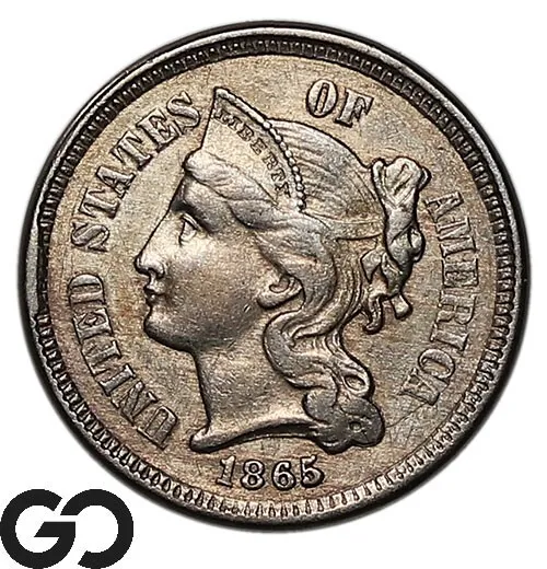 1865 Three Cent Nickel Piece, Choice AU ** Free Shipping