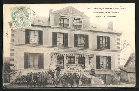 CPA Aincourt, Le Château de M. Pierron, Départ pour la Chasse 1905