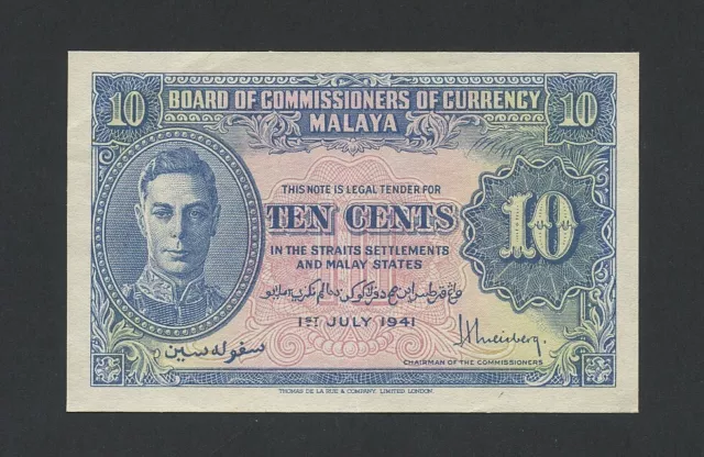 MALAYA 10 cents 1941 KGVI WWII Krause 8 About EF Banknotes