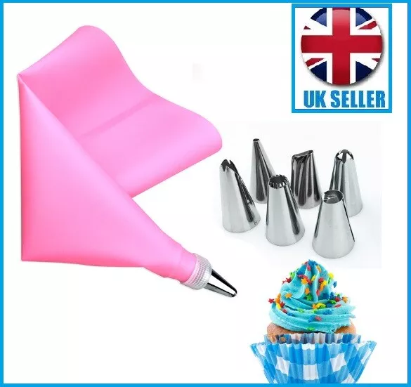 REUSABLE PASTRY BAG SILICONE Icing Piping Cream + 6 Nozzle Cake Decorating Tools