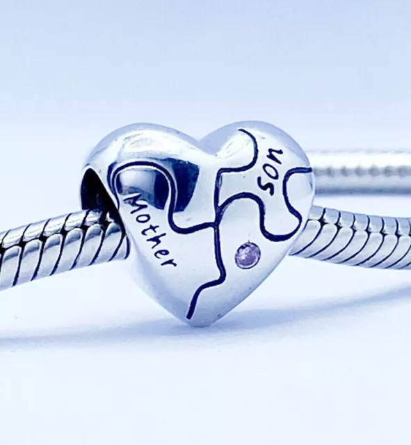 Mother & Son Love Jigsaw Heart Pendant Bead Charm -  925 Sterling Silver