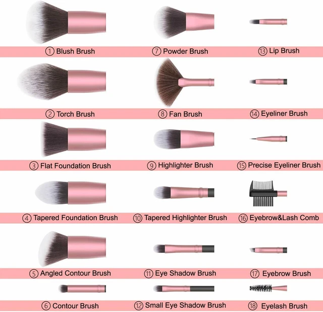 18 x Pennelli per il trucco, Set professionale per make up, Setole morbide 2