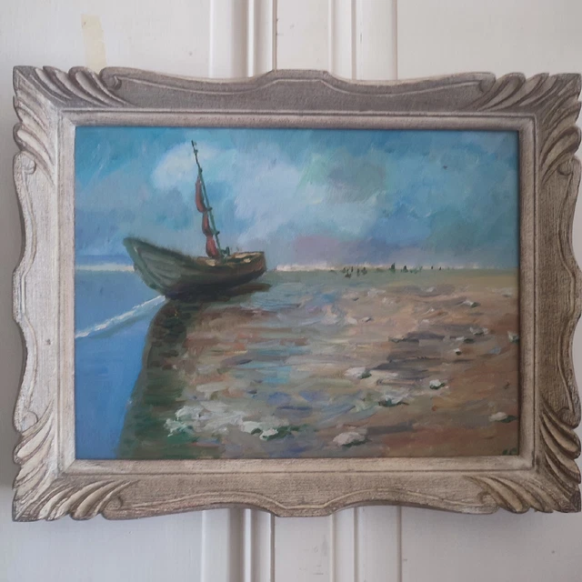Óleo Sobre Cuadro Marino" Barco De Fondeo" con Monograma Jc Marco Montparnasse
