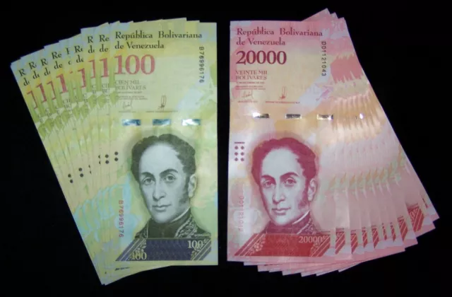 20 Venezuela Banknotes 10 each X 100000 / 10 X 20000 BOLIVARES - aUnc currency