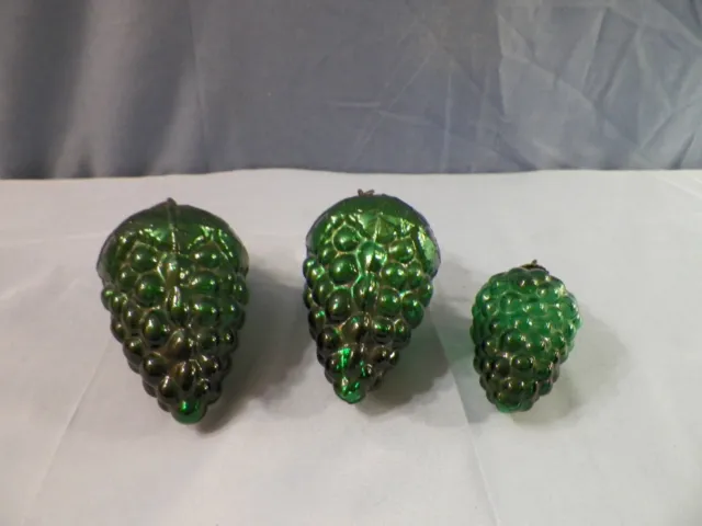 Lot of 3 Antique Kugel Green Glass Grape Cluster Ornaments w/ Brass Caps