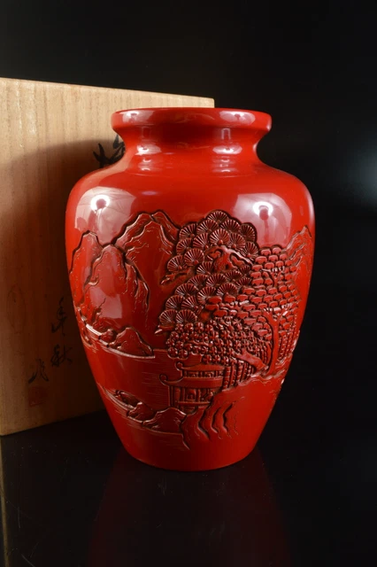 M2520: Japanese Wooden Lacquer ware Tsuishu FLOWER VASE Ikebana w/signed box
