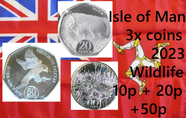 Isle of Man coins x3 UNC 2023 Wildlife set 10p 20p 50p Hare Grasshopper Falcon