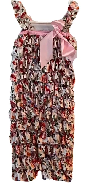 Girls Size Large Ruffle Romper Sleeveless Floral Satin Bow Jumper Outfit