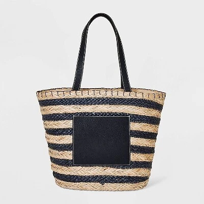 Striped Straw Basket Tote Handbag - Universal Thread Black