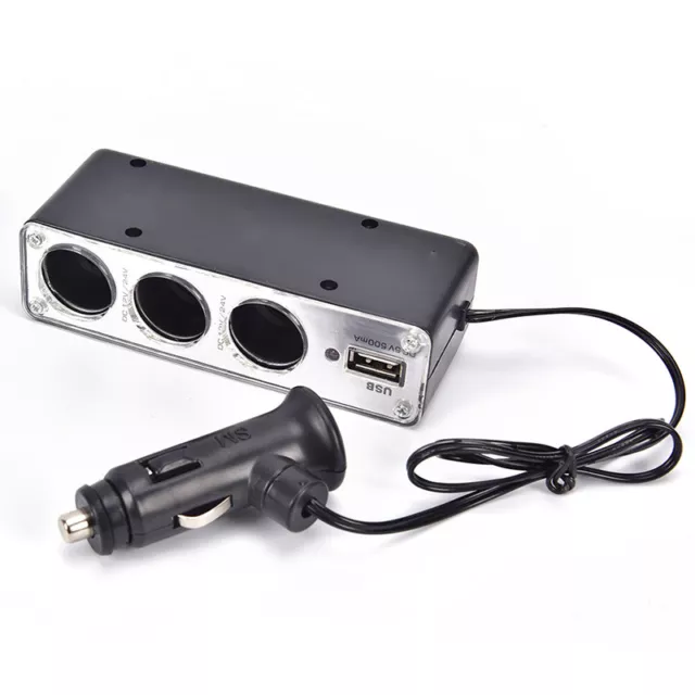 Black 3 Ways Multi Socket Car Cigarette Lighter Splitter USB Charger In_UL