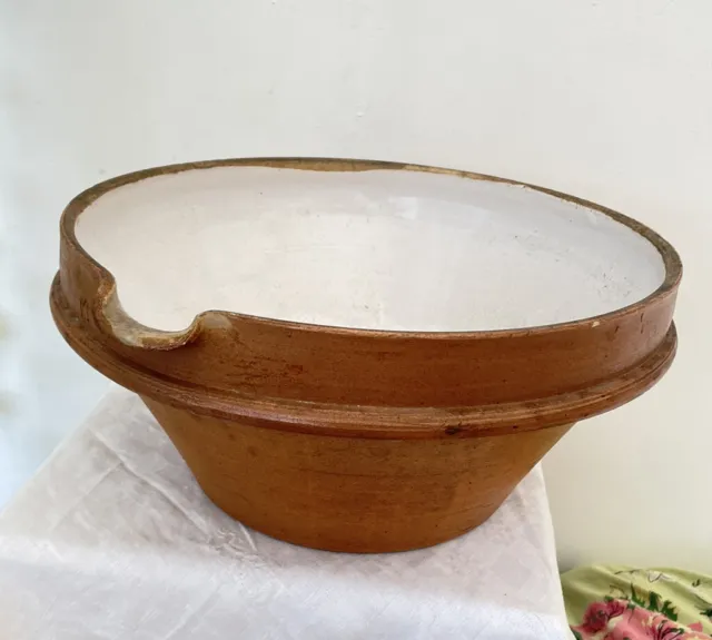 Antique French Tian Provence 13” bowl pottery Earthenware Terracotta Brick Large 2