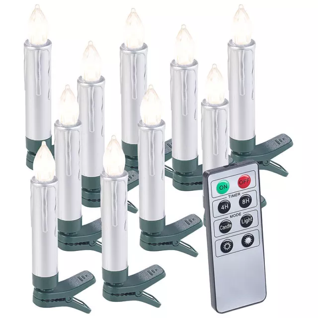 Lunartec 10er-Set LED-Weihnachtsbaum-Kerzen mit Fernbedienung und Timer, silber