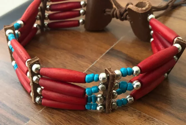 Turquoise Burgundy Bead Buffalo Bone Choker Native American Style 4 Row Necklace