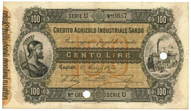 100 Lire Credito Agricolo Industriale Sardo 01/03/1874 Bb+