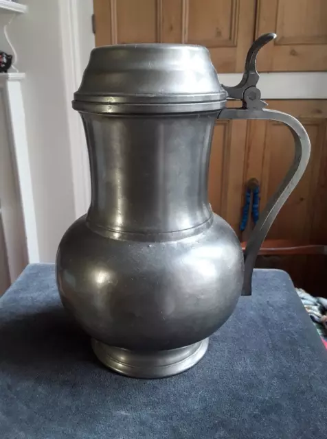 Antique Pewter Jug/Pitcher/Flagon with Lid. Marks To Base. 23cm High