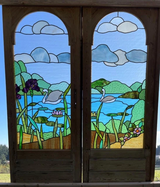 *Beautiful Pair of Pine Antique French Stained/Leaded Glass Doors with Swans