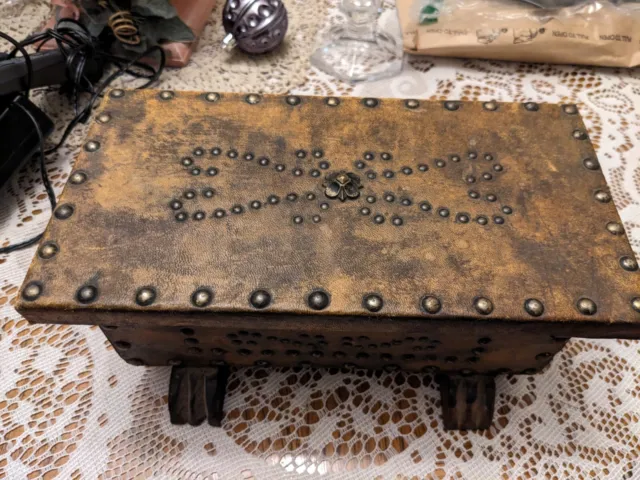 ANTIQUE Box Leather Bound Rivets rustic Hand Made Gothic 19th Century European
