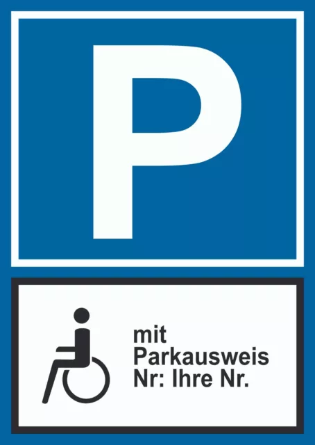Behinderten Parkplatz mit Parkausweis Schild, mit Wunschtext, eigener Text