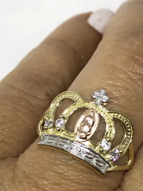 GOLD 14k Ring Krone Kreuz Jungfrau Maria Dame Guadalupe solide cz Größe 7 fragen 5 6 8 9 3