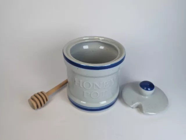 Ceramic Honey Pot with Wood dipper Vintage Blue and White Unused