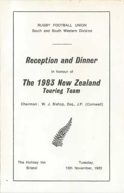 South & South West of England v New Zealand 15 Nov 1983 RUGBY DINNER MENU CARD